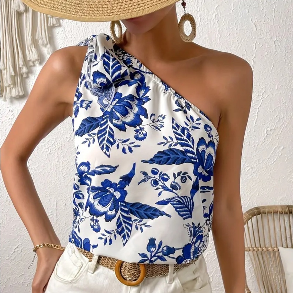 Floral One-Shoulder Blouse - Blue and White
